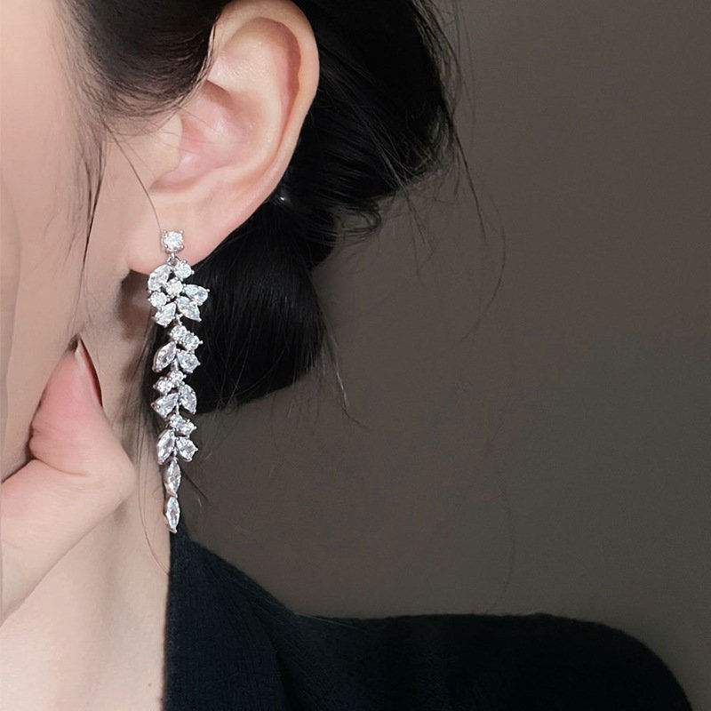 Thumbnail: Olive Leaves Earrings, Zircon Leaf Earrings, Vine Earrings | A7757