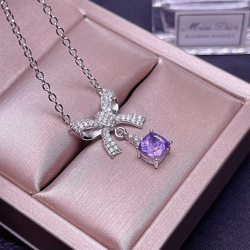 Silver Amethyst Bow Necklace