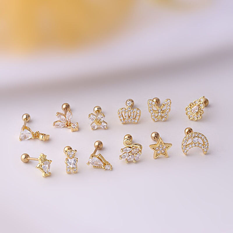 Miniaturbild: 20G Cartilage Tiny Stud Earring, Swan Earrings, Moon and Star Earrings | HSPJ672