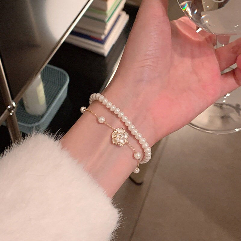 Thumbnail: Dainty Pearl Chain Camellia Pendant Bracelet, Pearl Bracelet | HB1205