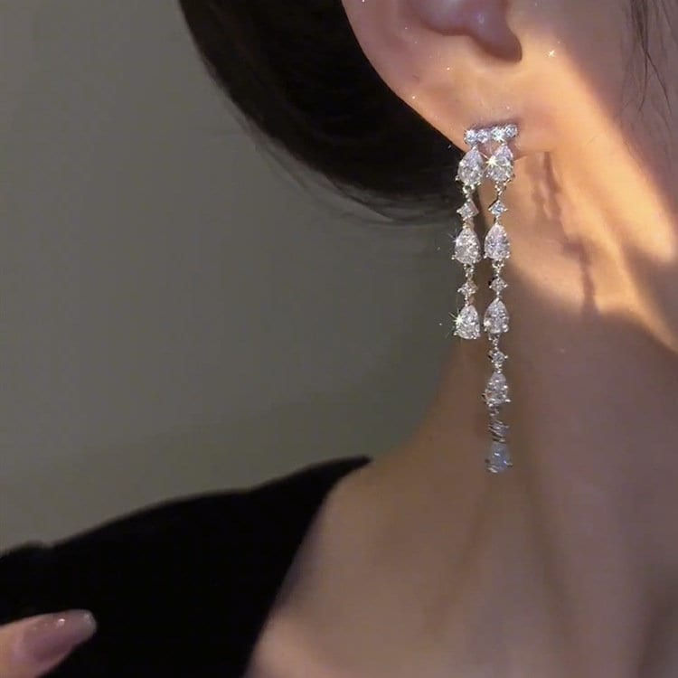 Thumbnail: Light Luxury Teardrop CZ Tassel Earrings, Teardrop Earrings | A7339
