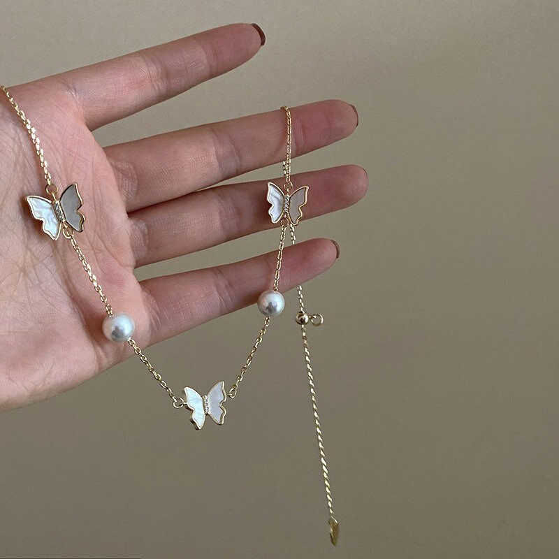 縮圖：Decent Dainty Gold Pearl Chain Necklace, Butterfly Design Chain | HN1447