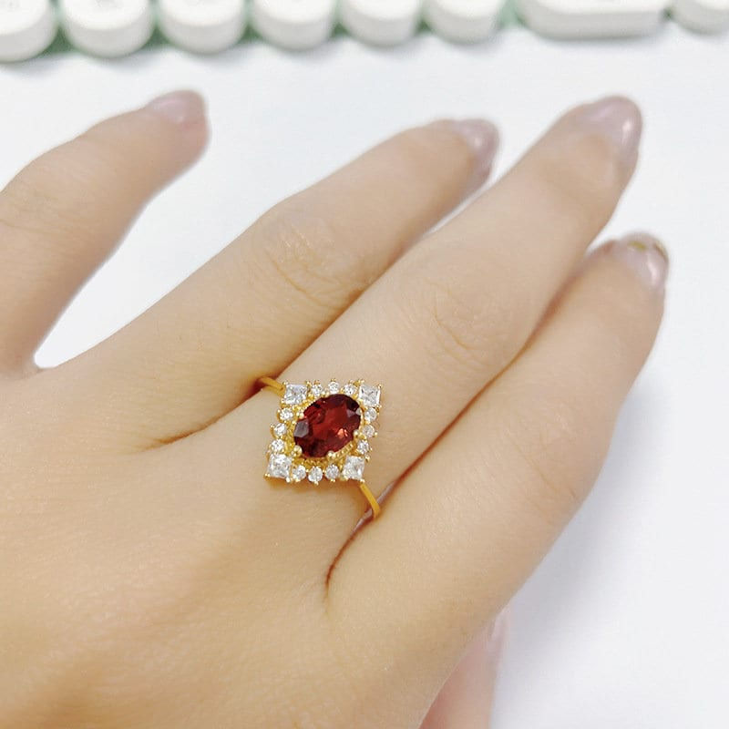 Thumbnail: 925 Silver Natural Garnet Ring Necklace Ear Stud Jewelry Set | HJZB-100