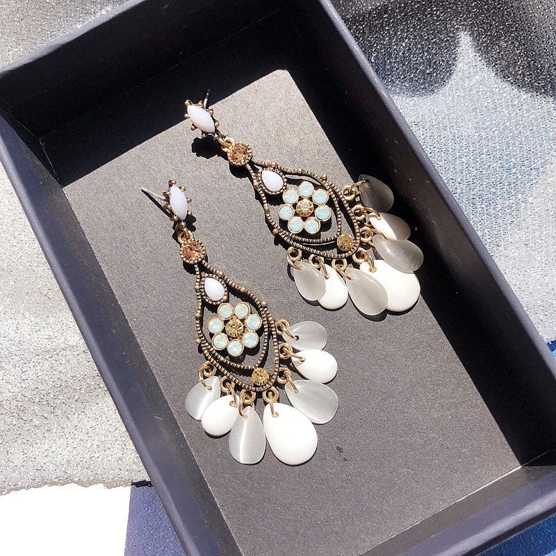 Thumbnail: Boho Baroque White Jade Dangle Earrings, Opal Drop Earrings | HE1175
