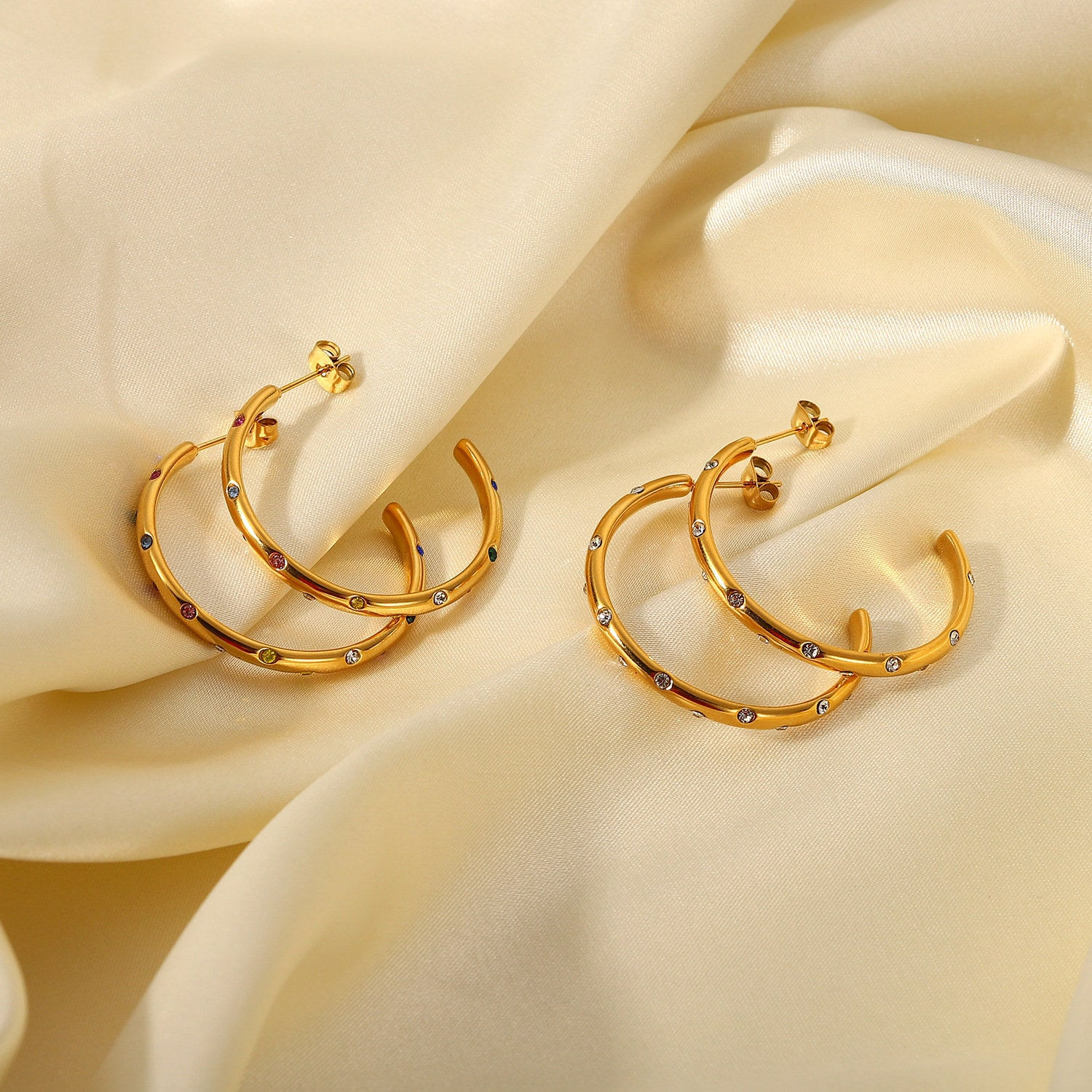 18K Gold Plated Stainless Steel CZ Stud Hoop Earring, Half Hoop Earring | JDE904