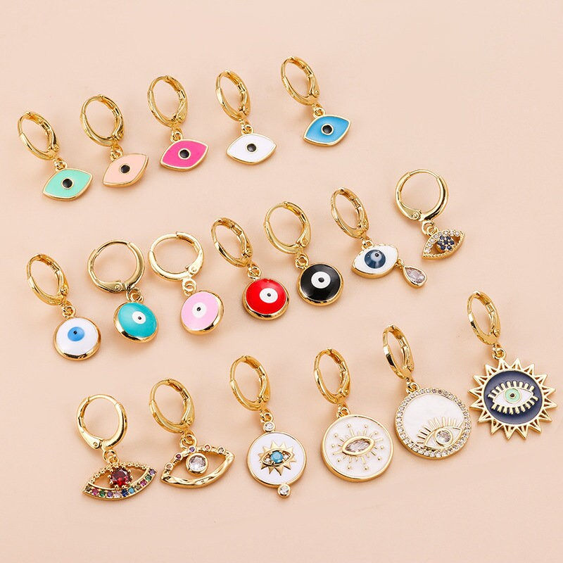 Miniature : 18K Gold Cartilage Hoop Earrings, Color Huggie Hoop, Evil Eye Earring | HSPJ803