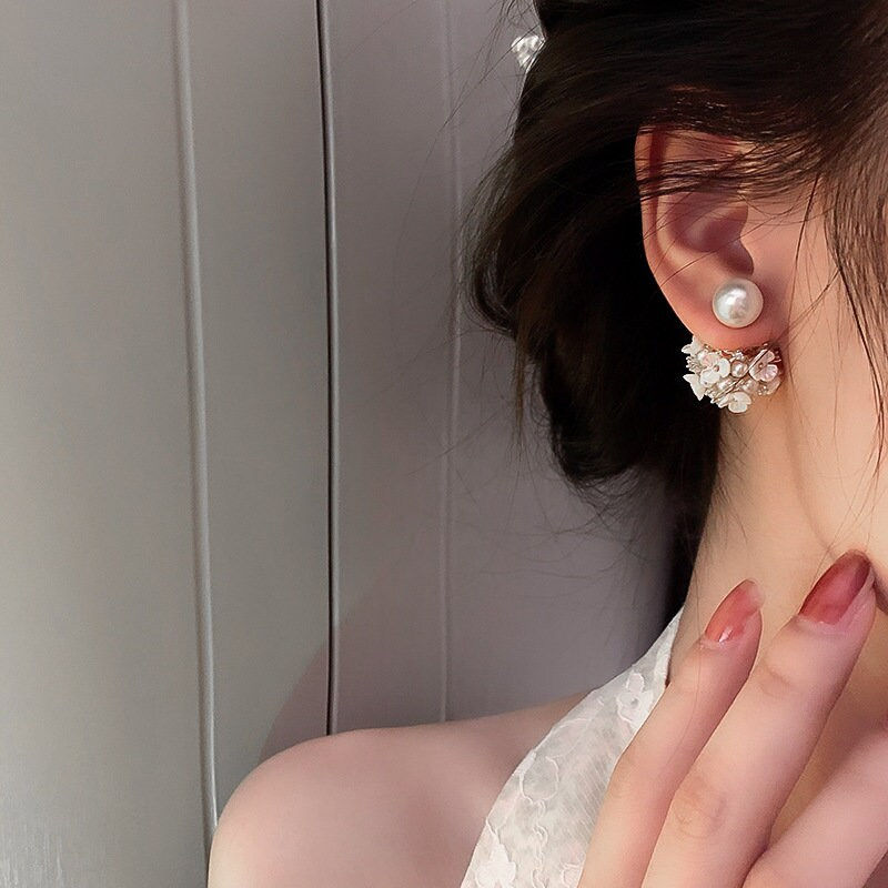 Thumbnail: Shimmer Pearl Flower Front Back Earrings, Ear Jacket, Pearl Earrings | HE6351