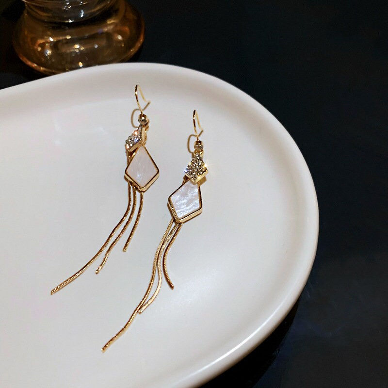 Thumbnail: Dainty Geometric Tassel Fringe Earrings, Black Earring, Diamond Earring | HE5300