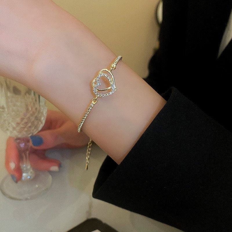 Thumbnail: Gold Heart Bangle Bracelet, Heart Cuff Bracelet, Open Heart Bracelet | HB715