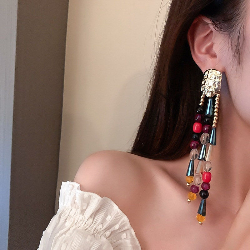 Thumbnail: Boho Style Colorful Tassel Crystal Drop Dangle Earrings | HE6477