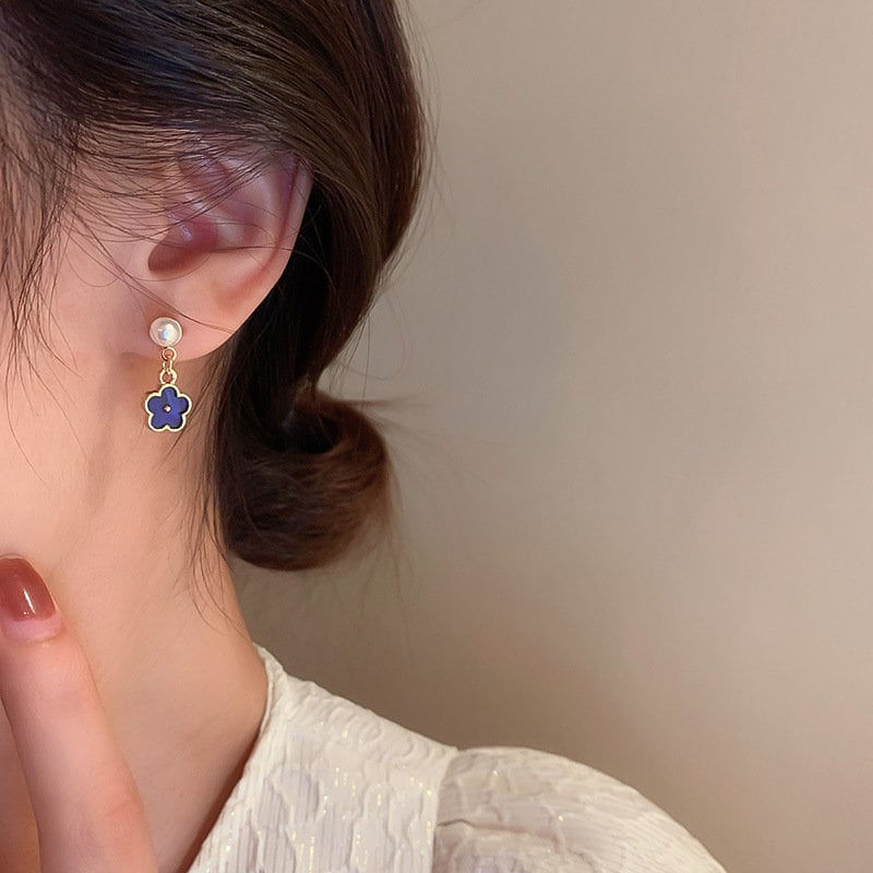 縮圖：Daisy Flower Dangle Earrings, Pearl Drop Earrings, Enamel Earrings | HE6493