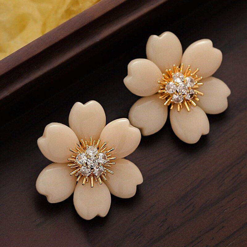 Thumbnail: Light Luxury Beige Flower Earrings with Zircon, Zircon Jewelry | DMS319