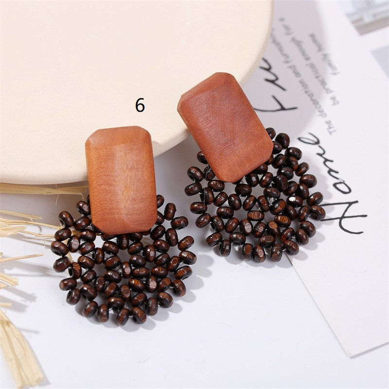 縮圖：Bohemian Style Wooden Geometric Design Dangle Earrings | E911-1
