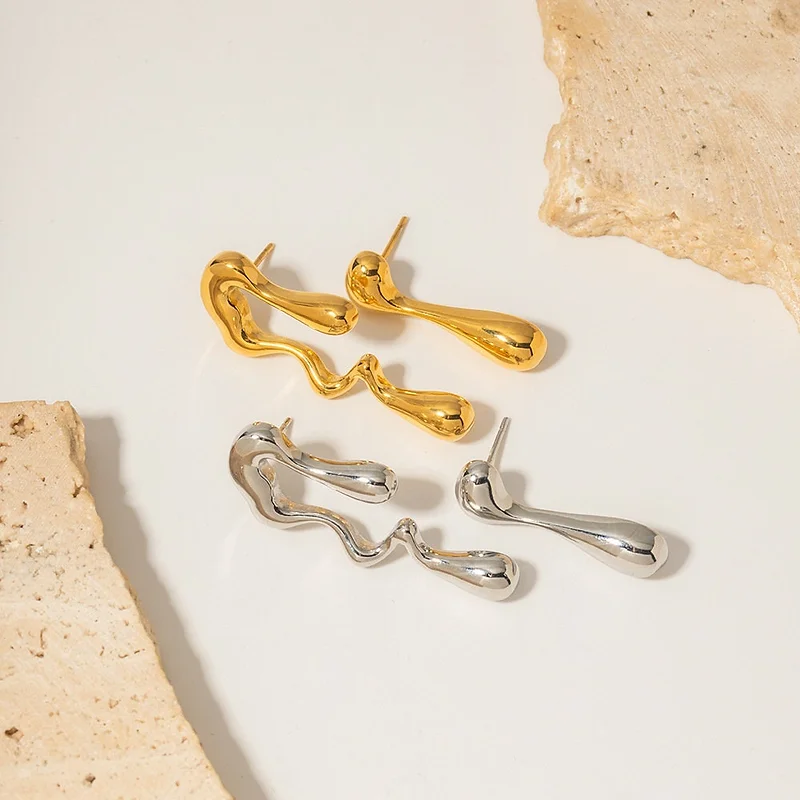 Gold Silver Irregular Teardrop Lava Earrings