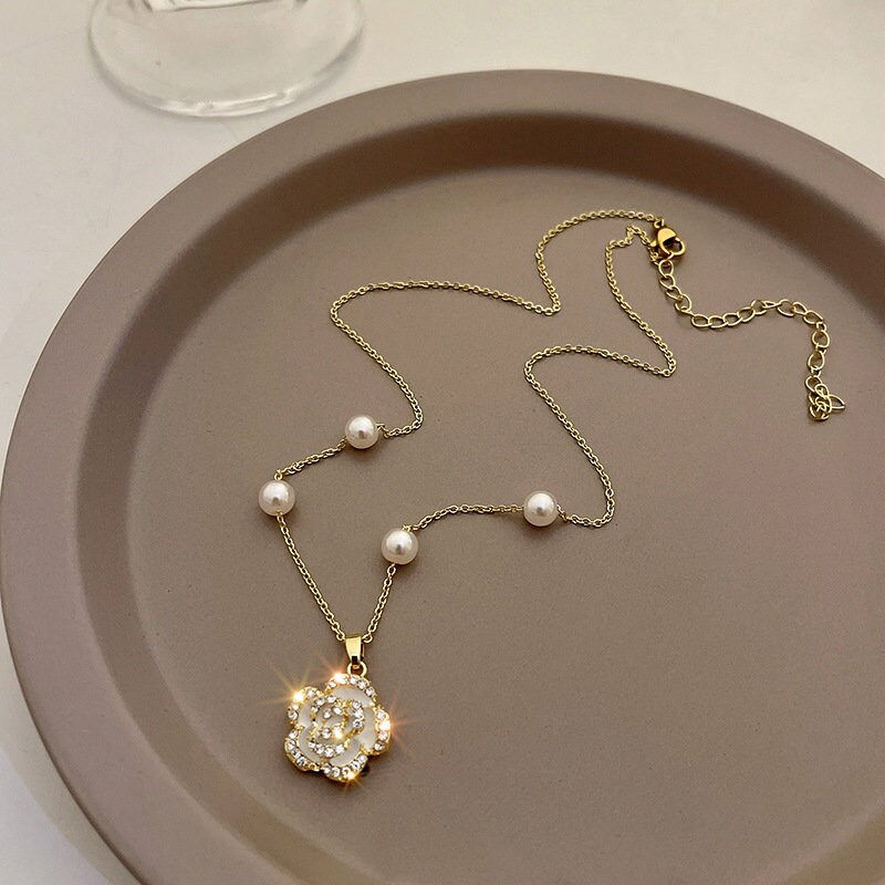 Thumbnail: Dainty Flower Pendant Pearl Link Chain Necklace, Pearl Necklace | HN2739