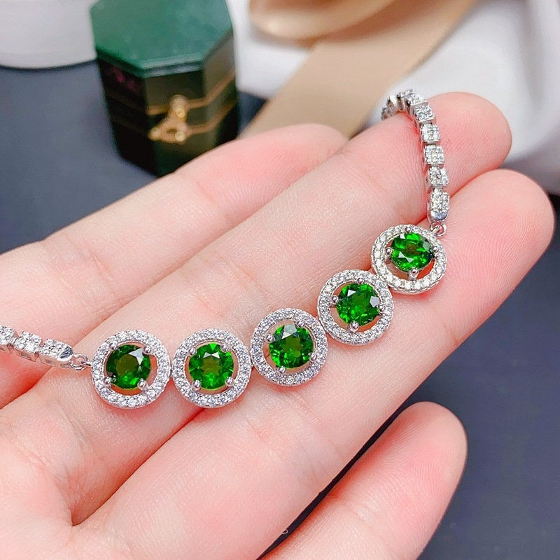 Thumbnail: 18K Platinum Vermeil Natural Diopside Chain Bracelet | FME - B371