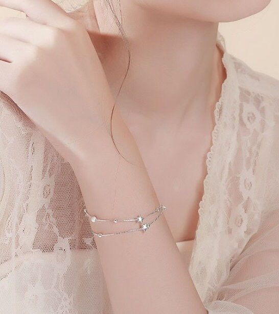 Thumbnail: Sterling Silver Twinkle Stars Bracelet, Double Layer Bracelet | XY1882