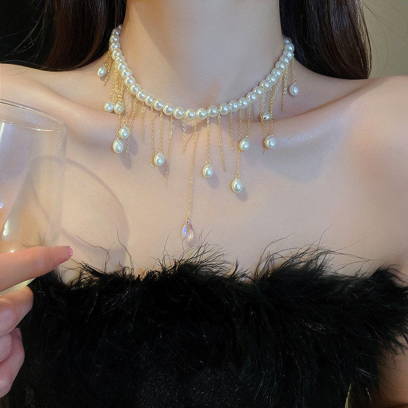 縮圖：Water Drop Pearl Tassel Necklace | HN2443