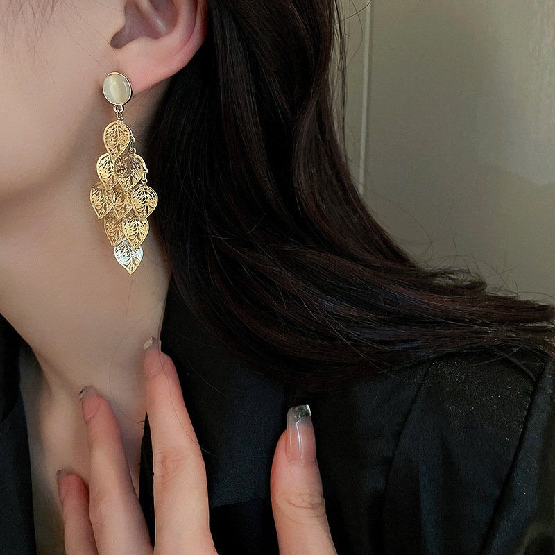 Thumbnail: Boho Gold Leaf Dangle Earrings, Filigree Leaf earrings | HE9935
