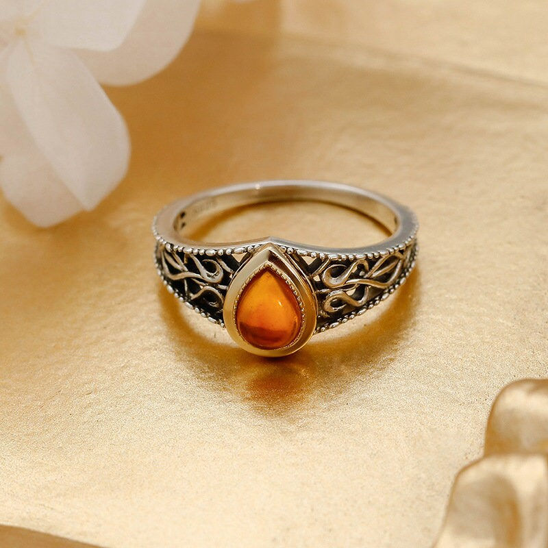 縮圖：S925 Gold Plated Amber Ring, Amber Jewelry, Vintage Ring | TB2218