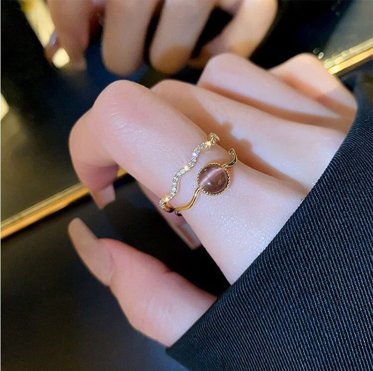 Thumbnail: Elegant Cat's Eye Stone Ring, Simple Gold Pearl Ring, Dainty Pearl Ring | HR877