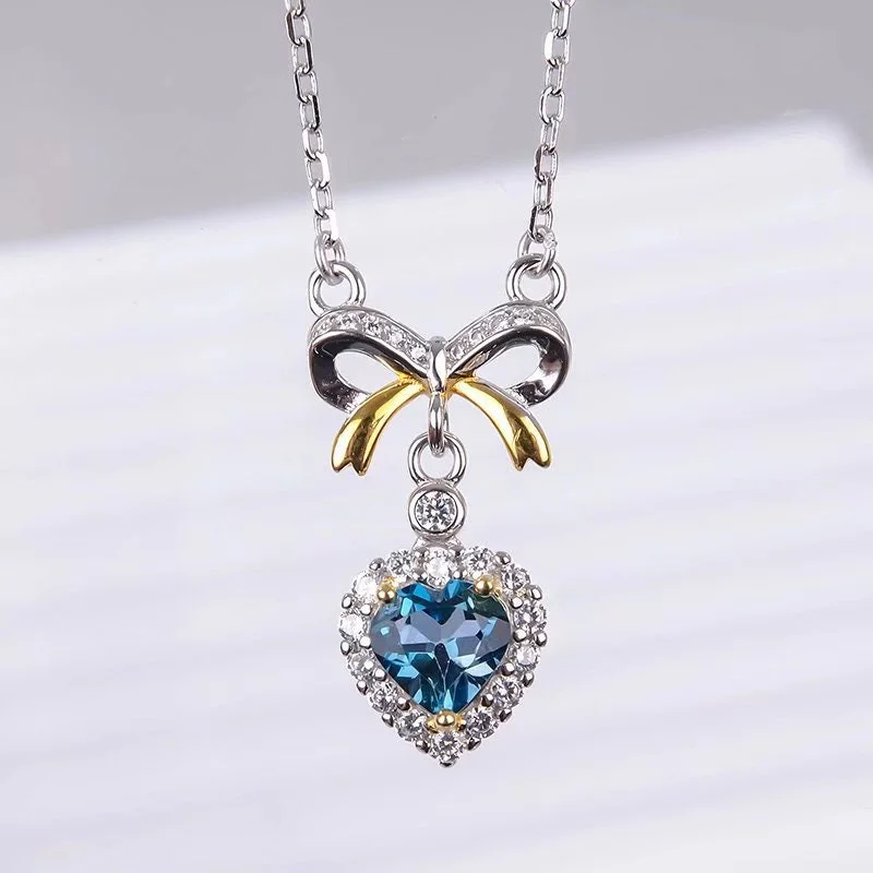 925 Silver Heart London Blue Topaz Necklace