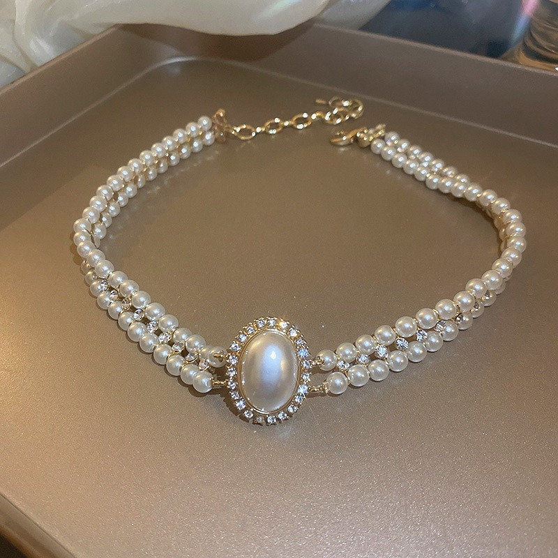 縮圖：Double Layered Pearl Beaded Necklace, Rhinestone CZ Oval Pendant | HN2139