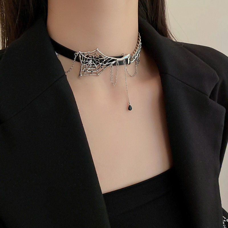 縮圖：Spider Web Short Necklace Choker, Black Leather Chain Necklace Choker | HN1872
