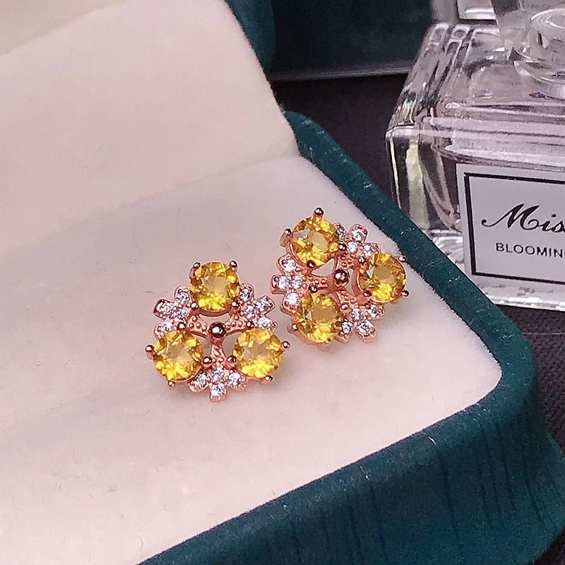 Rose Gold Flower Citrine Stud Earrings