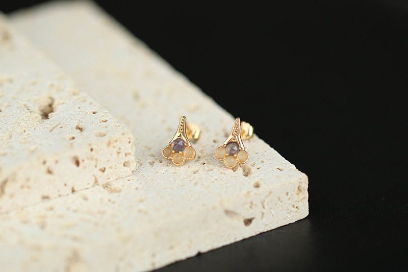 Thumbnail: Natural Iolite Stud Earrings, Floral Earrings, Tiny Gold Stud | HJZB-312