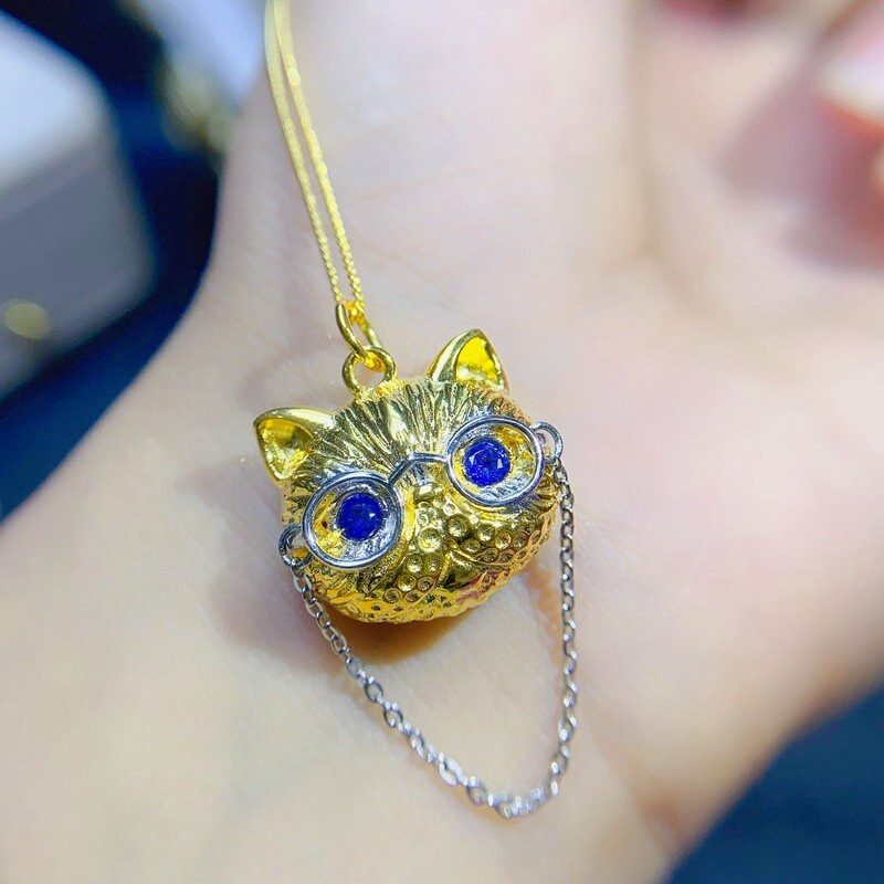 Miniaturbild: 925 Silver Natural Sapphire Necklace, Cat Wearing Glasses Necklace | FME - N262