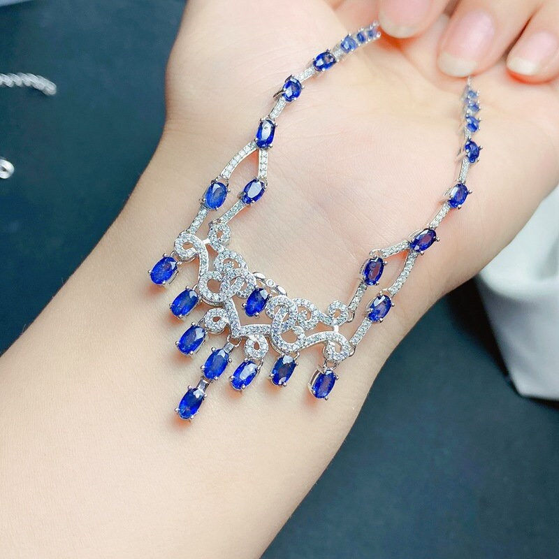 Miniature : 925 Silver Sapphire Necklace, Natural Sapphire Jewelry | FME - N596
