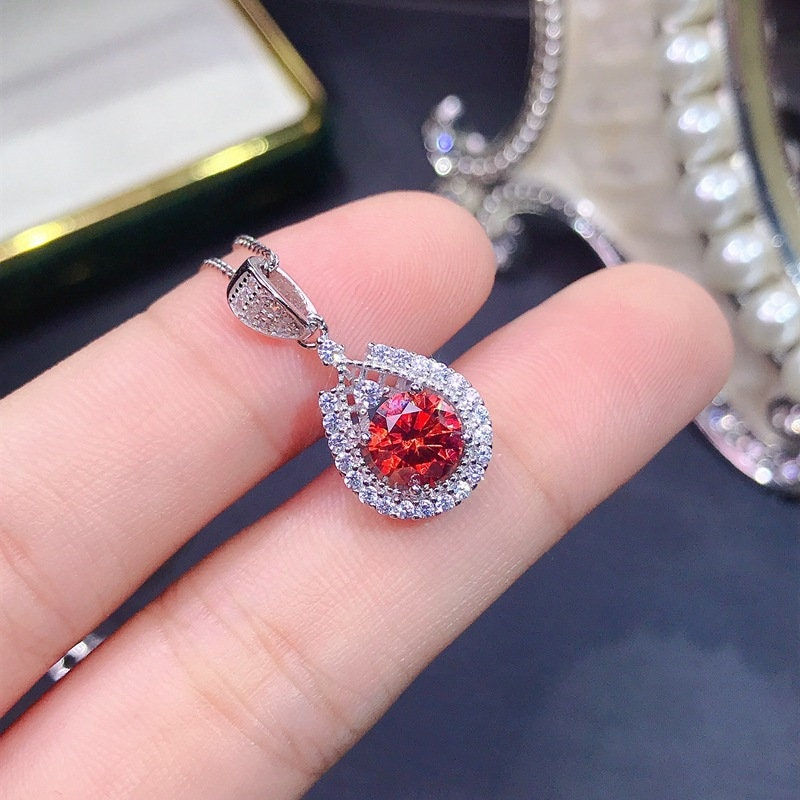 Thumbnail: 925 Silver Moissanite Necklace, Red Moissanite Pendant | FME - N091