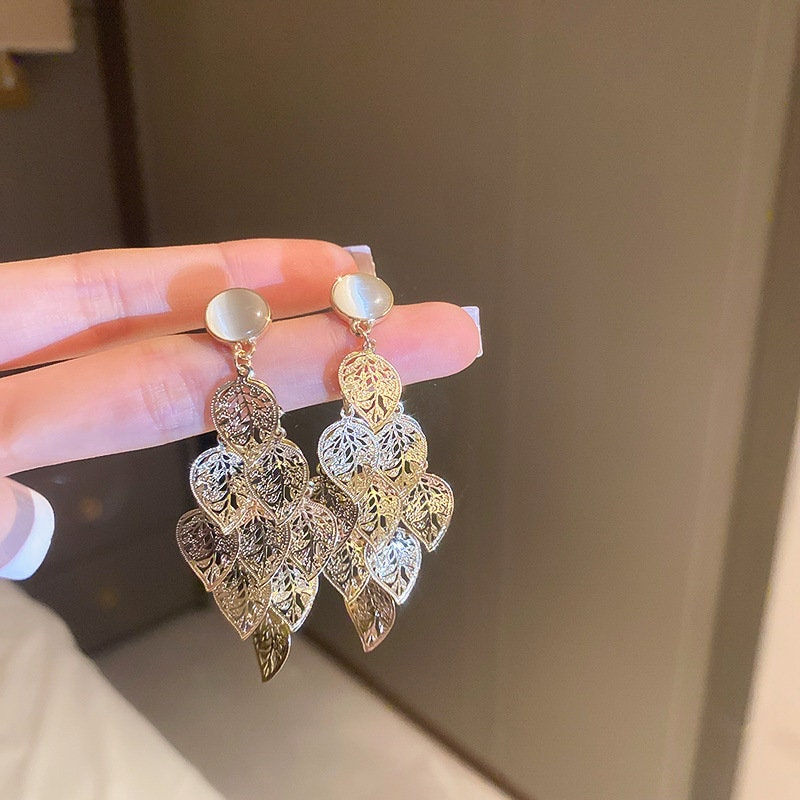 Thumbnail: Boho Gold Leaf Dangle Earrings, Filigree Leaf earrings | HE9935