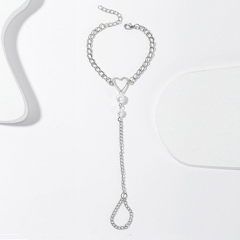 Thumbnail: Silver Ring Chain Bracelet, Heart Ring Bracelet, Hand Chain Bracelet | BT070