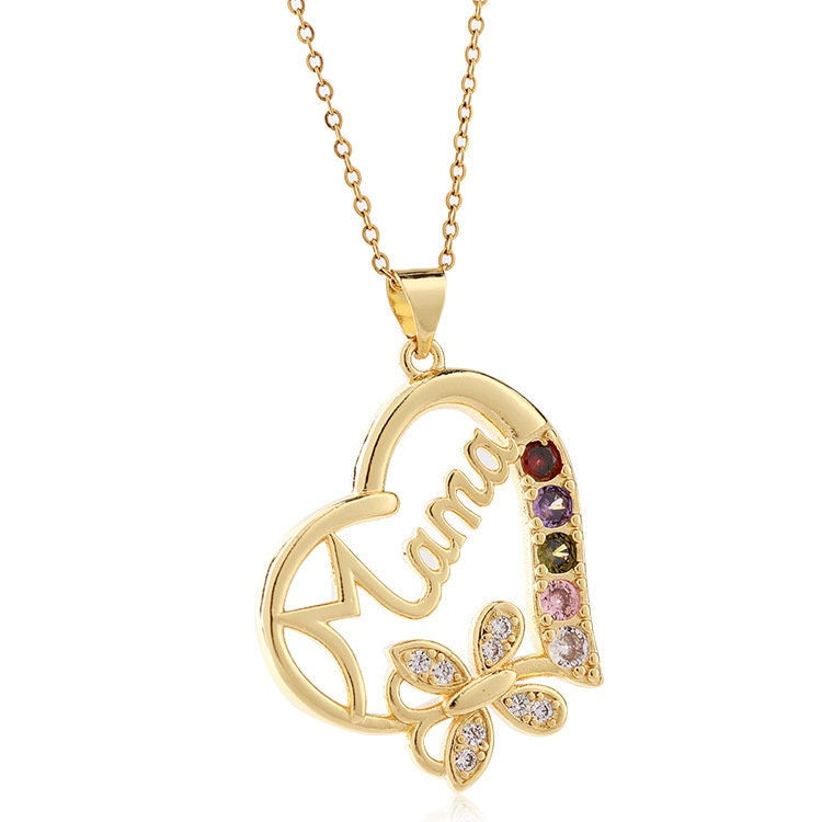 Thumbnail: Gold Plated Colorful Rhinestones Heart Hollow Tiny Butterfly Necklace | A370