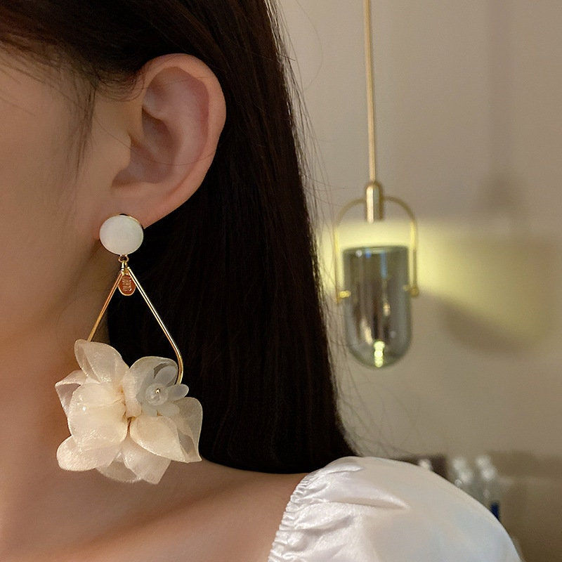 Thumbnail: Boho Style Chiffon Flower Blossom Large Dangle Earrings | HE5085