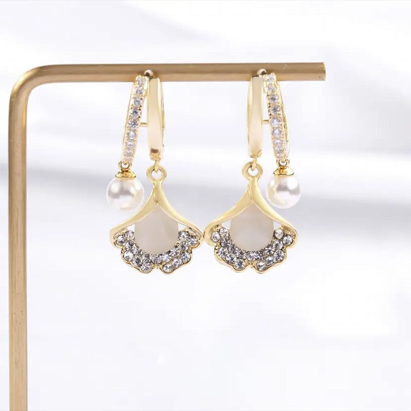 Thumbnail: Cat Eye Stone Ginkgo Leaf Earrings with Pearl, Classic Falls Earrings | A8078