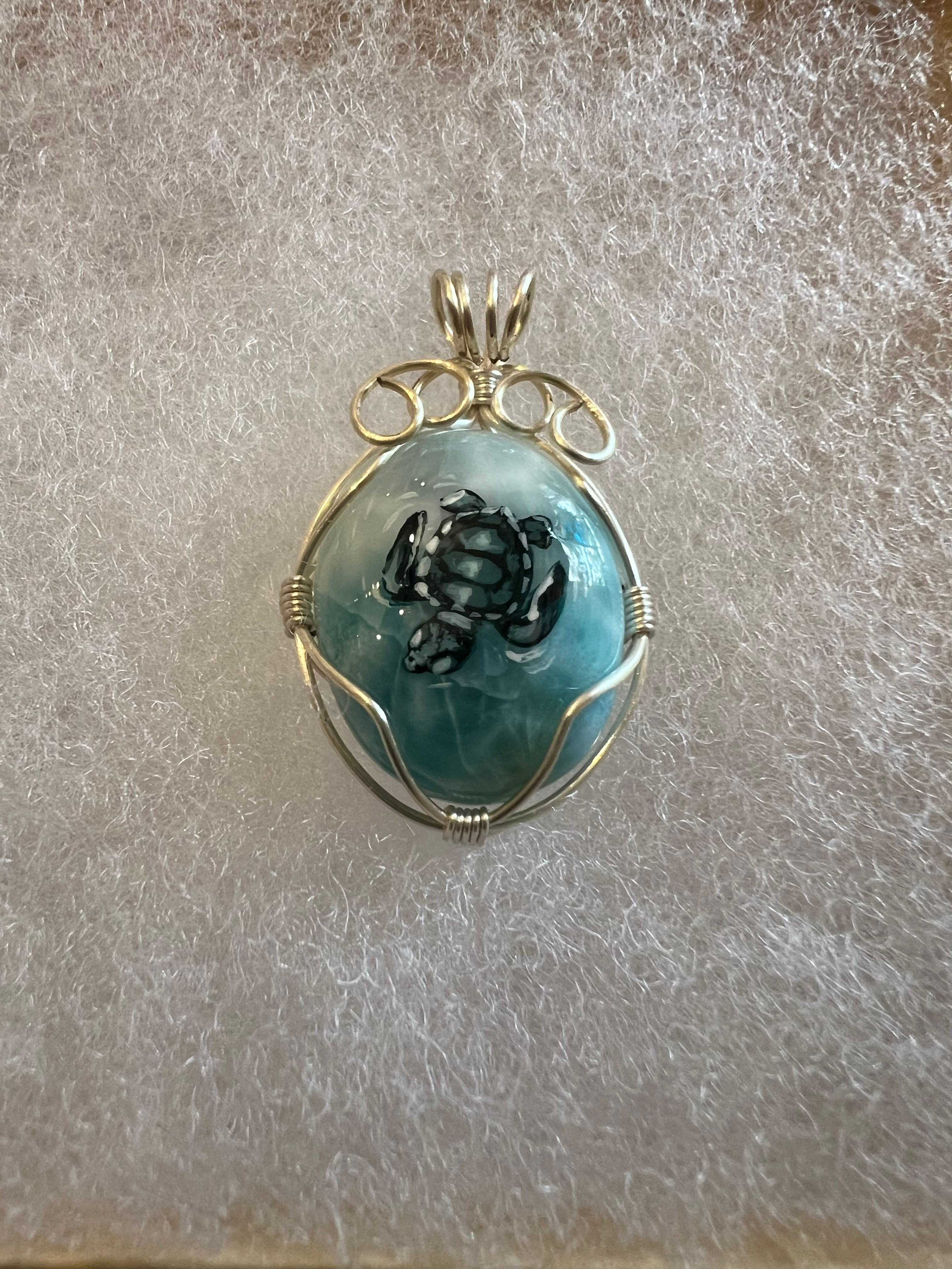 Sea Turtle on Larimar Stone Wire Wrapped Pendant