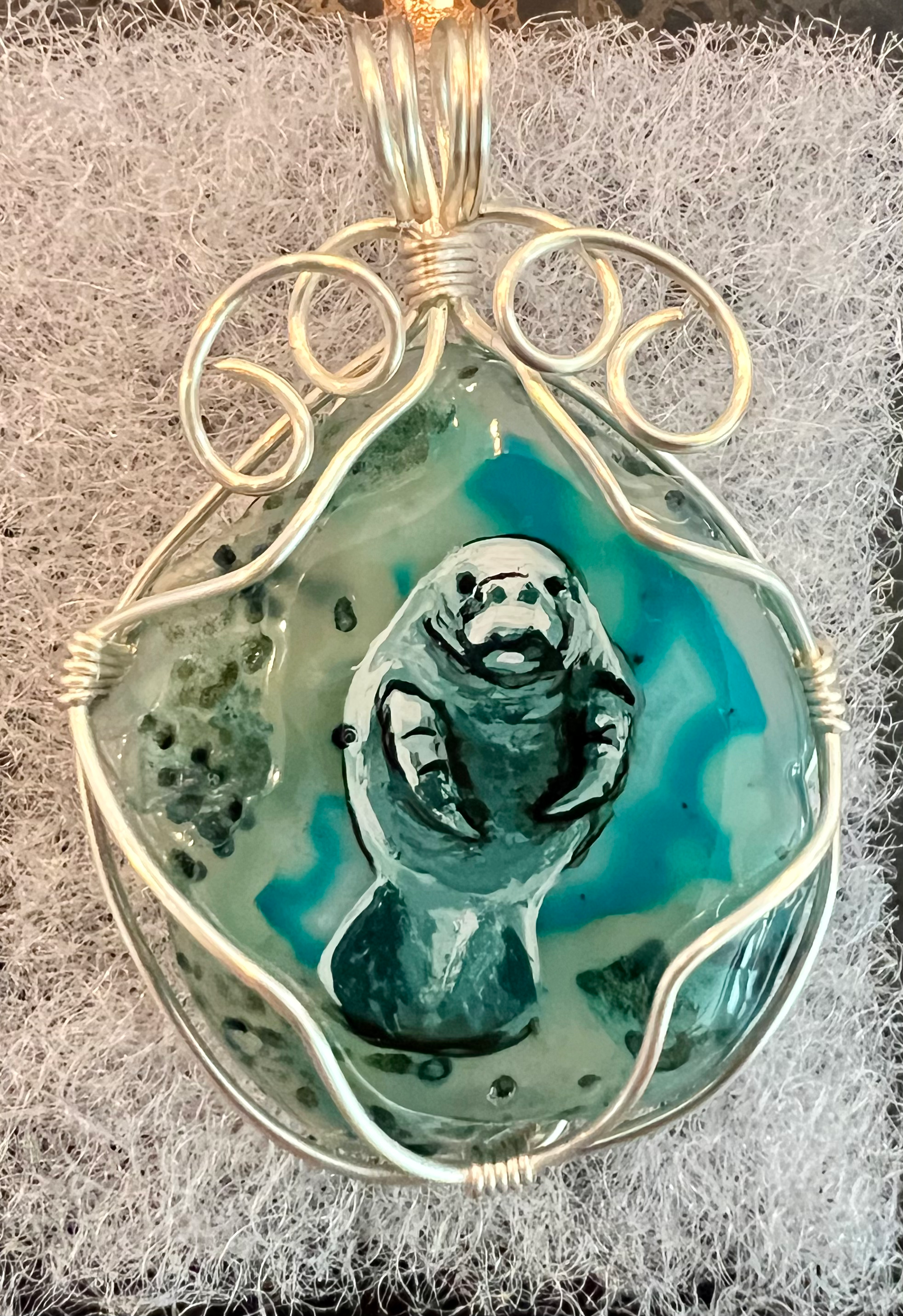 Manatee on Agate Stone, Wire Wrapped Pendant Necklace