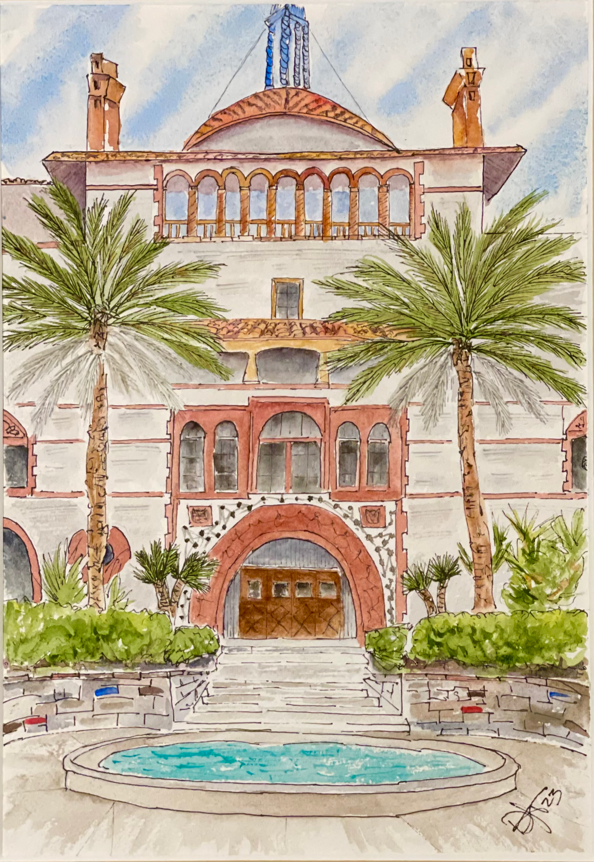 Flagler Entrance, 21"x16" Watercolor Framed