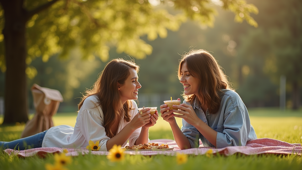 Close-up view of a couple enjoying a picnic in a park