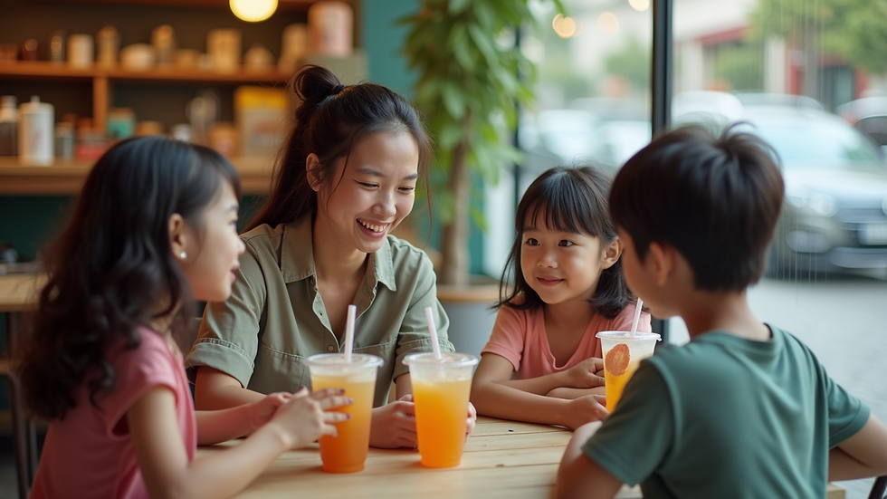 High angle view of a family enjoying bubble tea drinks at a cafe table