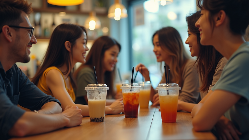 High angle view of a group of friends enjoying bubble tea at a local tea shop
