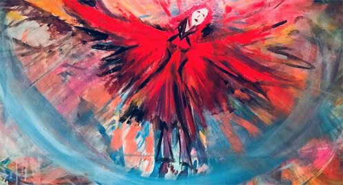 Abstract intuitive energy art painting of woman with wings spread out in motion.