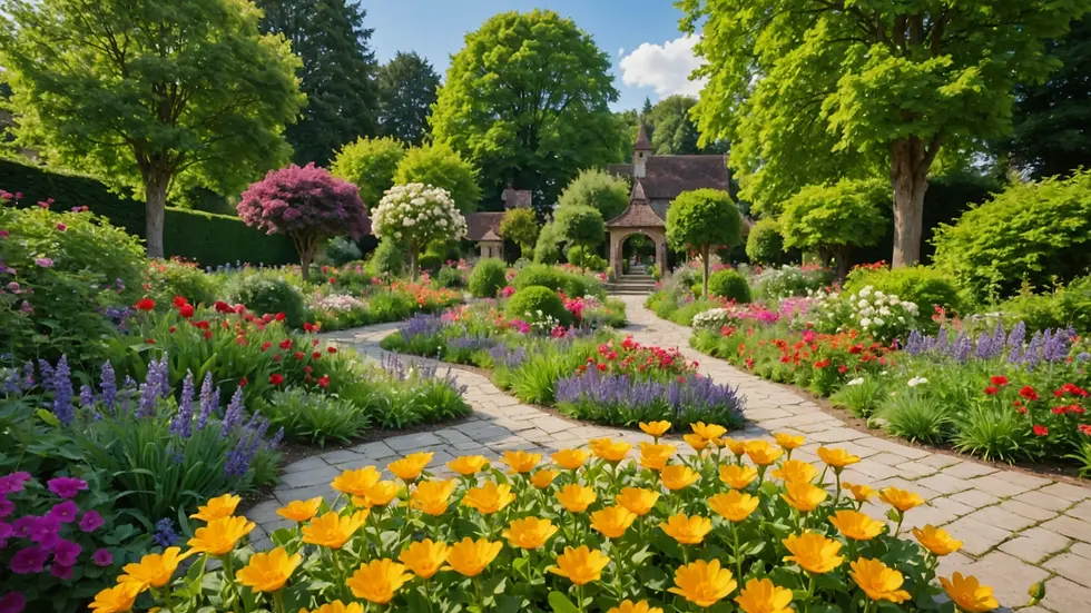 Wide angle view of a tranquil garden with vibrant flowers