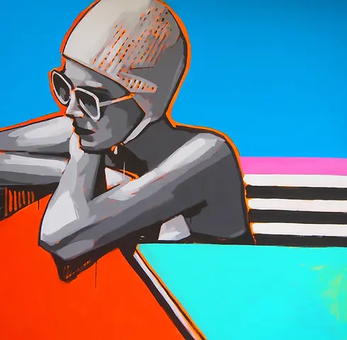 Alt Text: Tracy Hamer's original retro pop art painting 'Swimmer' featuring a stylized figure in a vintage swim cap and white sunglasses against a vibrant blue, orange, and fuchsia background, showcased at D-Gallerie in downtown St. Petersburg, Florida