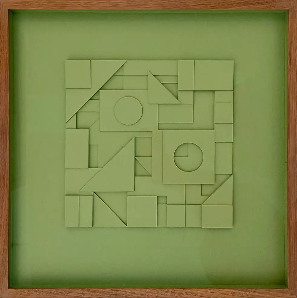 Composition 125 by Sean Thornhill: A 19x19 inch monochromatic olive green geometric relief sculpture.