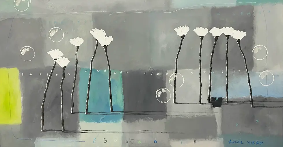 Abstract painting of white flowers against a gray background