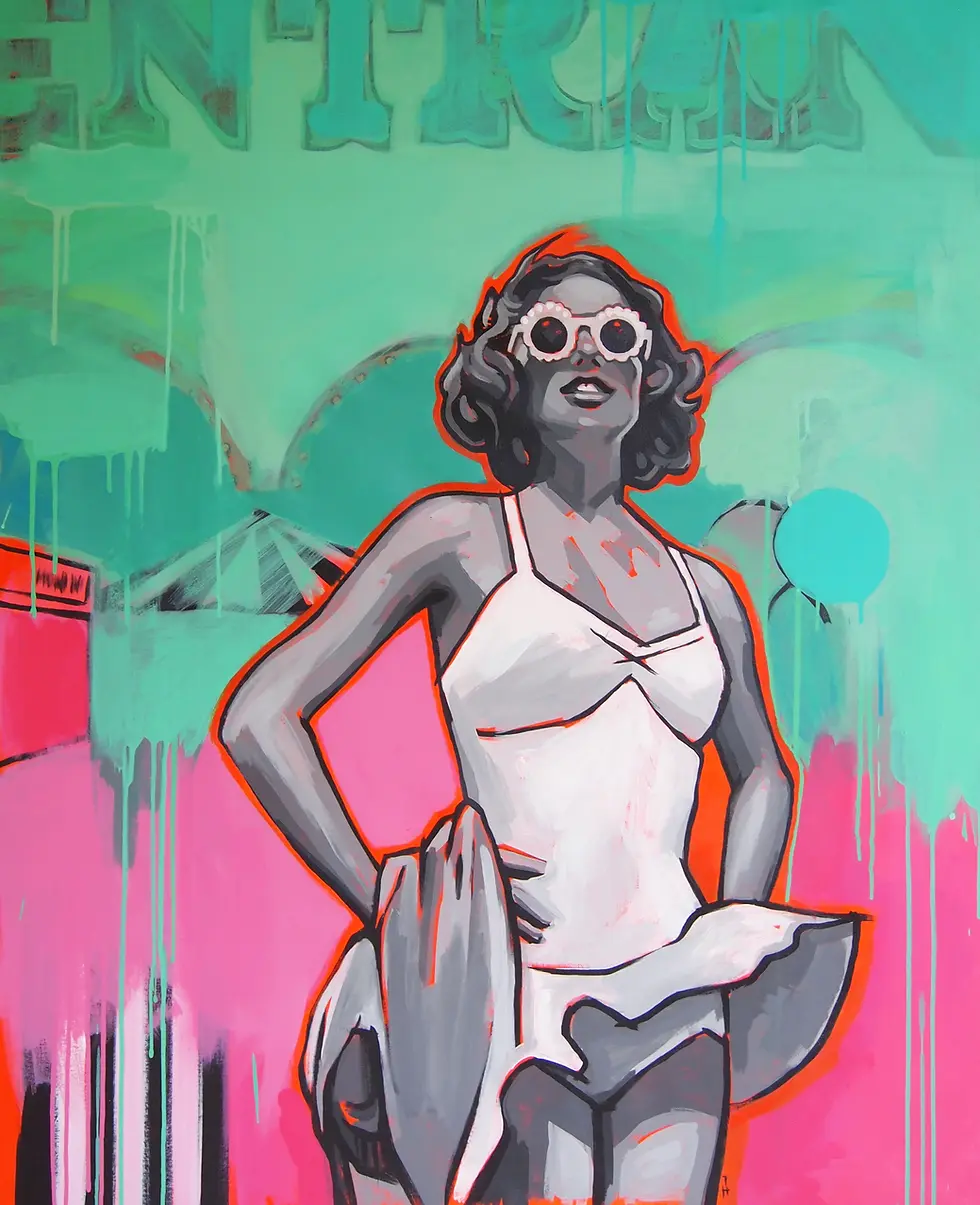 Coney Island by Tracy Hamer: 39x47 inch pink and green vintage-style pop art painting.
